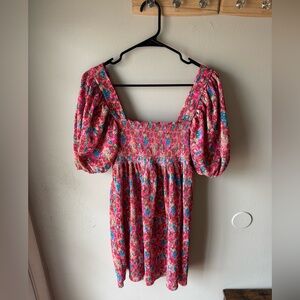 Zara Floral Smocked Plisse Mini Dress - Puff Sleeve - Size M